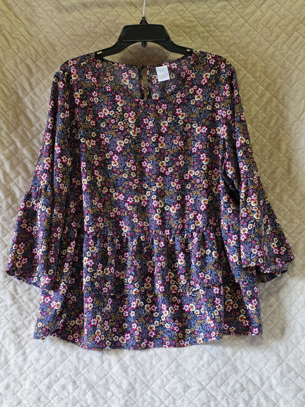 Time and Tru Navy Floral Peplum Top with Pink & Yellow Blooms XL